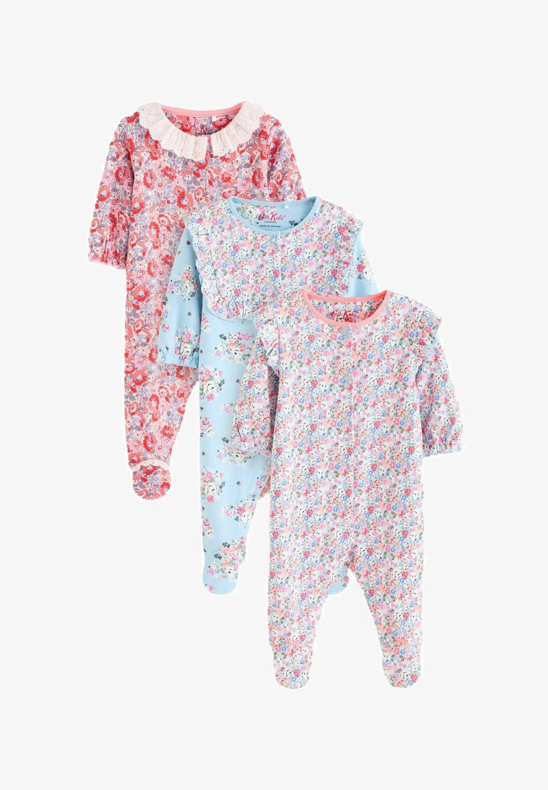 Tre tutine per bambini: una rosa a fiori, una azzurra con volant e una bianca con molteplici motivi floreali, tutte realizzate in un tessuto morbido.