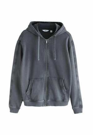 Dark gray zip-up hoodie with front pockets, drawstring hood, and ribbed cuffs and hem, displayed on a white background.