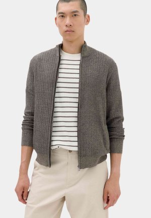 Mand iført en grå ribstrikket lynlås-sweater over en hvid stribet skjorte og beige bukser, stående foran en ensfarvet baggrund.