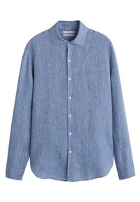 Hellblaues Langarmhemd aus gewebtem Stoff, mit Button-Down-Kragen, vorderen Knöpfen und abgerundetem Saum.