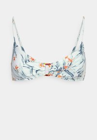 Top de biquíni com alças finas, padrão floral com flores laranja sobre um fundo azul claro, e um detalhe de fecho central.