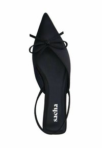 Chaussure plate noire à bout pointu avec une finition en cuir texturé et un nœud décoratif. Dotée d'un dos ouvert et de fines brides de cheville. Marquage sur la semelle intérieure.