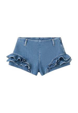 Pantalones cortos de mezclilla azul con cintura alta y volantes superpuestos en los lados exteriores de ambas piernas.