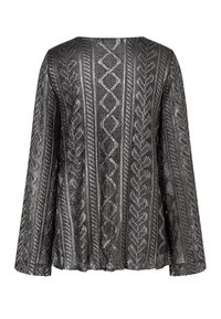 Langarmtop van gestructureerde zwarte stof met een geometrisch patroon en diamantmotieven in een open geweven ontwerp. Ronde halslijn, losse pasvorm.