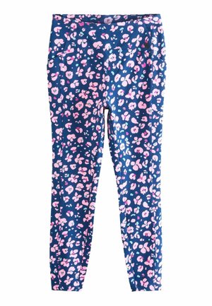 Leggings azules con un patrón floral rosa, fabricados en material elástico, con un diseño ajustado y una cintura elástica para mayor comodidad.