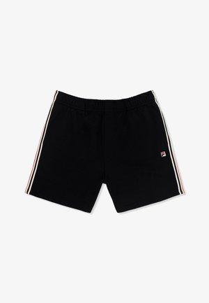 Schwarze Sportshorts mit elastischem Bund, weißen und roten Streifen an den Seiten und kleinem Fila-Logo am linken Bein.