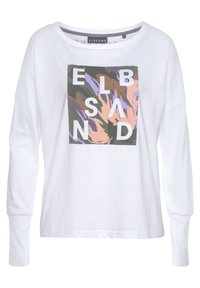 Weißes Langarm-T-Shirt mit quadratischem Grafikdesign in lila, schwarz und pfirsichfarbenen abstrakten Motiven; Bootsausschnitt; lockere Passform.