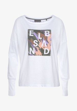 White long-sleeve t-shirt featuring a square graphic with purple, black, and peach abstract designs; boat neckline; relaxed fit.