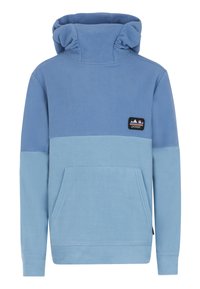 Sweat à capuche en polaire bleu clair, avec un col montant froncé, une poche kangourou à l'avant et un petit logo.