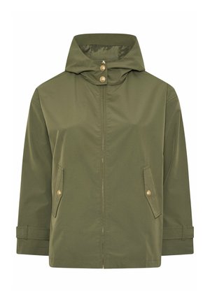 Veste à capuche vert olive avec fermeture éclair frontale, deux poches à rabat boutonnées, fermeture par bouton au niveau du col et poignets ajustables.