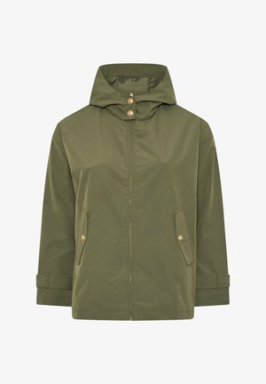 Veste à capuche vert olive avec fermeture éclair frontale, deux poches à rabat boutonnées, fermeture par bouton au niveau du col et poignets ajustables.