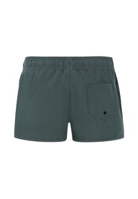 Costumi da bagno verde scuro con cintura elastica, una tasca posteriore e accenti laterali in rete per traspirabilità. Tessuto liscio con un design elegante.