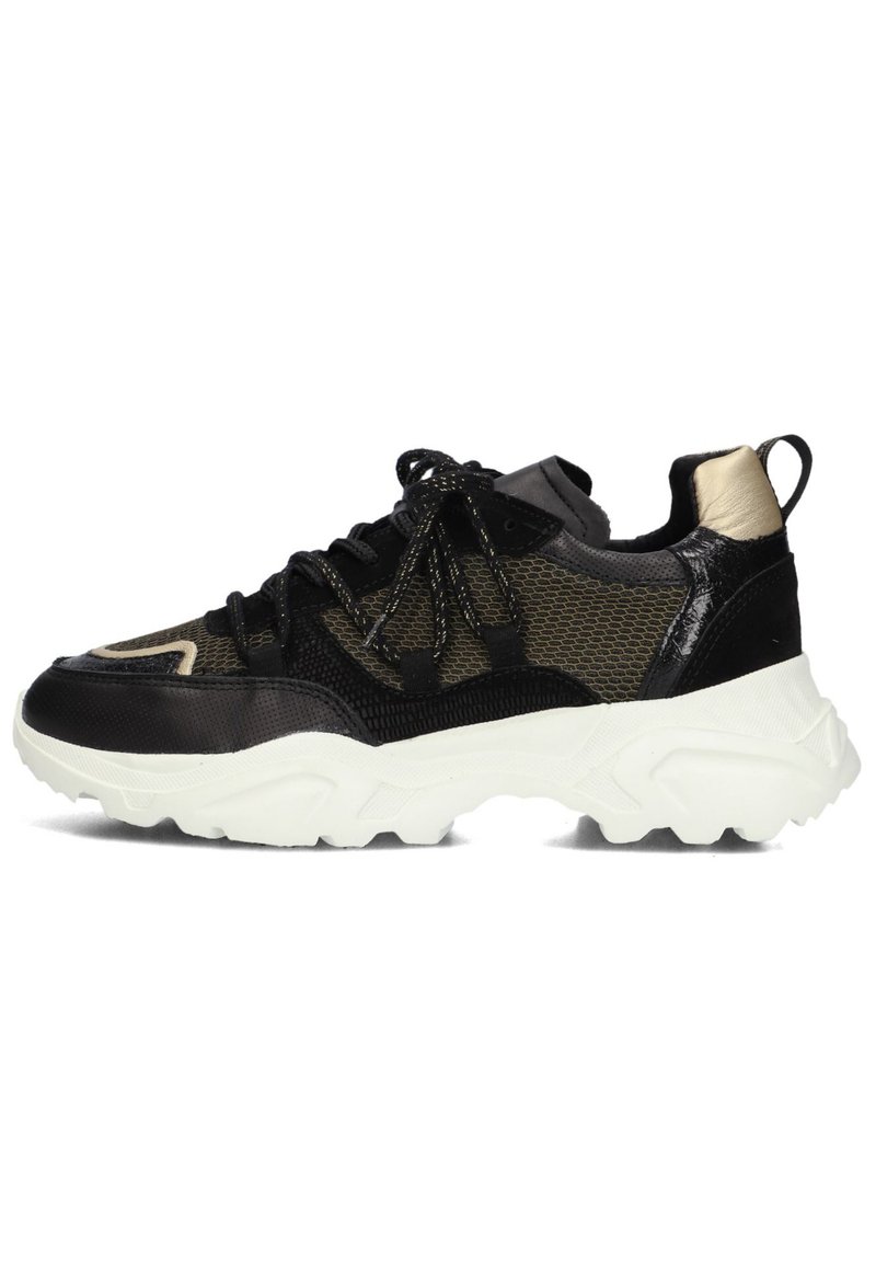 Zwarte en olijfgroene mesh sneaker met een gestructureerde neus, gevoerde kraag en een witte chunky zool. Voorzien van contrasterende gouden accenten.