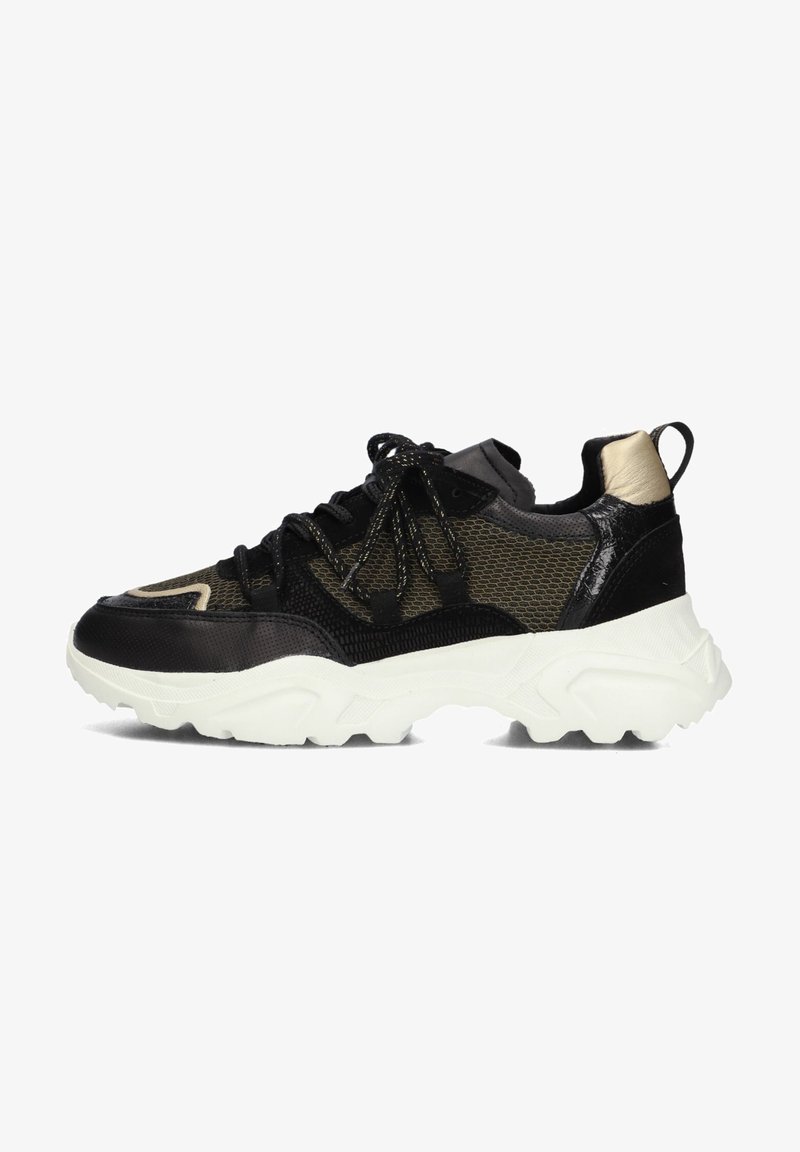 Zwarte en olijfgroene mesh sneaker met een gestructureerde neus, gevoerde kraag en een witte chunky zool. Voorzien van contrasterende gouden accenten.