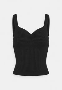 Černé žebrované tílko s přiléhavým střihem, širokými ramínky a výstřihem do V. Hladká textura s jemnými konturami v oblasti dekoltu.