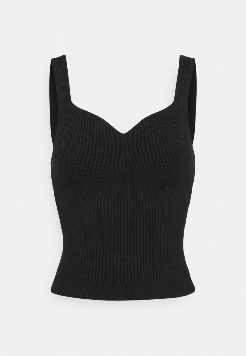 Černé žebrované tílko s přiléhavým střihem, širokými ramínky a výstřihem do V. Hladká textura s jemnými konturami v oblasti dekoltu.