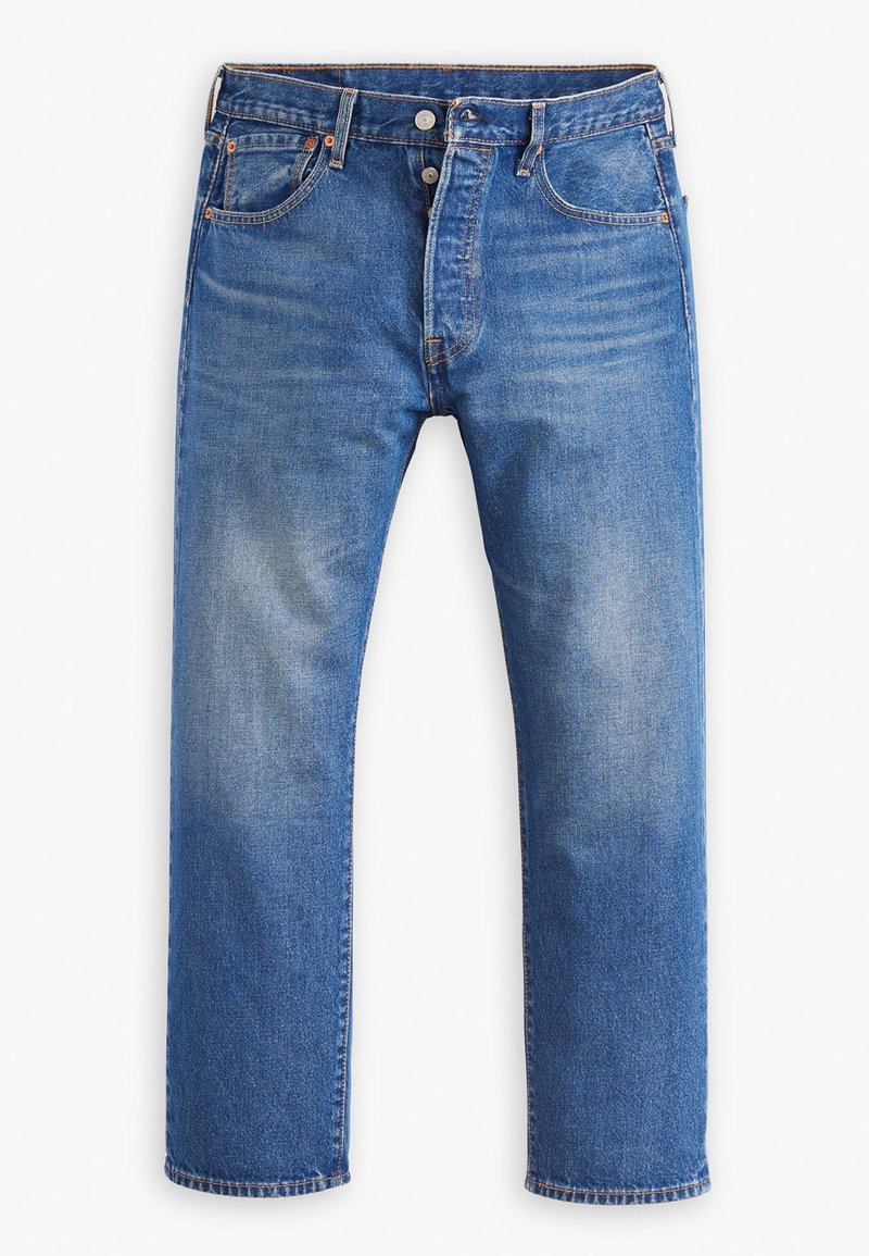 Jeans de mezclilla azul, diseño de pierna recta, con desgastes visibles, cierre de botón y cremallera, cinco bolsillos y detalles de costura en color naranja.