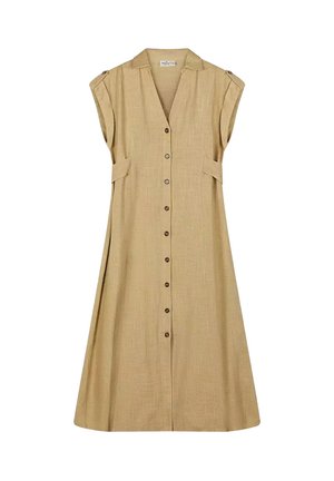Beżowa sukienka midi bez rękawów, z przodu zapinana na guziki, z dekoltem w serek, patkami na ramionach oraz bocznymi paskami w talii, wykonana z tkaniny o fakturze.
