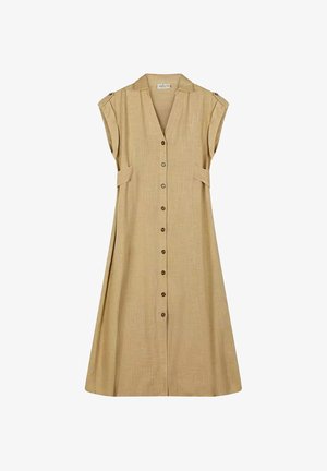 Beżowa sukienka midi bez rękawów, z przodu zapinana na guziki, z dekoltem w serek, patkami na ramionach oraz bocznymi paskami w talii, wykonana z tkaniny o fakturze.