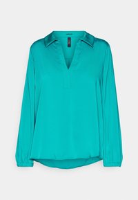 Turquoise long-sleeve blouse with a V-neck, collar, and gathered cuffs, made from a smooth, shiny material featuring a relaxed fit.
