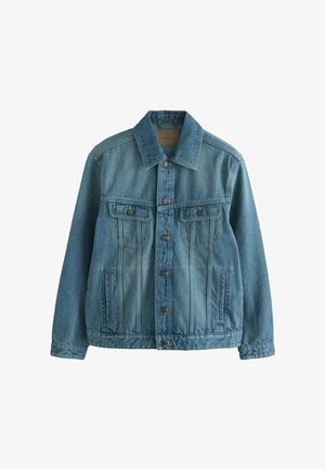 Blue denim jacket with button front, two chest flap pockets, side pockets, and a classic collar.
