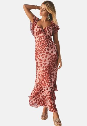Leopardimustriga maxi-kleit roosa ja punase varjundiga, sobiva peplumiga bodice, lehvivate varrukate ja volangiga hem.