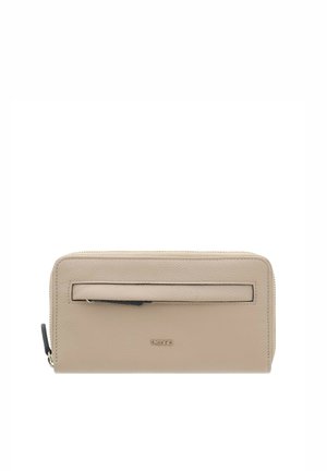 Beige leather wallet with a textured finish, zip closure, and a front pocket. Features a subtle embossed logo and smooth edges.