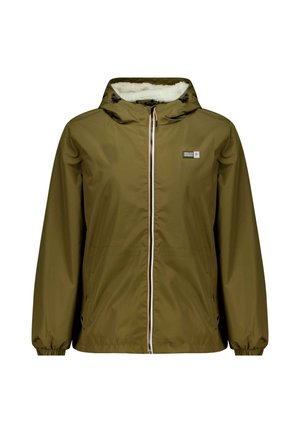 Olivgrüne Kapuzenjacke, mit Reißverschluss, elastischen Bündchen, gefüttertem Innenfutter und kleinem Logopatch auf der linken Brust.