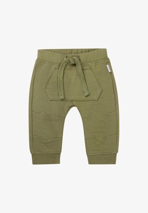 Pantalons de survêtement vert olive avec une taille élastique, cordon de serrage ajustable et poches latérales ; texture douce avec des poignets côtelés et des accents au niveau des genoux.