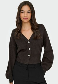 Dark brown cropped cardigan in a soft knit, featuring a deep V-neck, long puff sleeves, and silver rose-shaped buttons down the front.