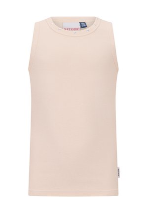 Beżowy bezrękawnik prążkowany z okrągłym dekoltem i małymi ozdobnymi koralikami, oznaczony rozmiarem 140 dla dzieci.