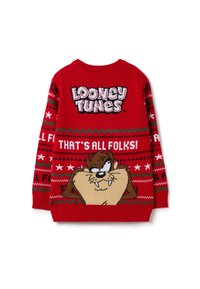 Pull en laine rouge tricoté avec le logo "Looney Tunes" et un graphique de Taz, orné de motifs festifs en vert et blanc, avec des poignets et un col côtelés.
