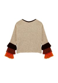 Pull beige avec des manches longues à franges multicolores en orange, rouge, marron et noir. Il présente une poche à l'arrière et un col rond.