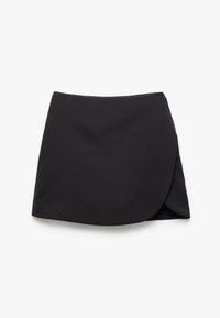 Gonna mini nera con design avvolgente, realizzata in tessuto morbido. Presenta una chiusura con zip nascosta e una silhouette pulita e senza decorazioni.