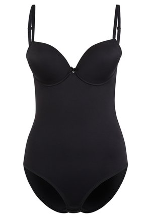 Schwarzer Body mit verstellbaren Trägern, vorgeformten Cups und einem dekorativen Akzent in der Mitte. Glatte Textur und figurbetonte Passform.