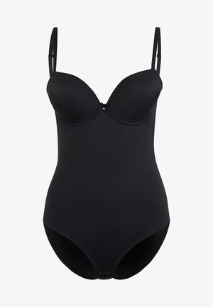 Schwarzer Body mit verstellbaren Trägern, vorgeformten Cups und einem dekorativen Akzent in der Mitte. Glatte Textur und figurbetonte Passform.