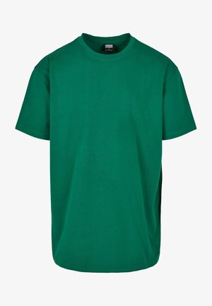 Grünes Baumwoll-T-Shirt mit Rundhalsausschnitt, kurzen Ärmeln und geradem Schnitt. Verfügt über ein einfaches Design und eine glatte Textur. Keine Grafiken oder Muster.