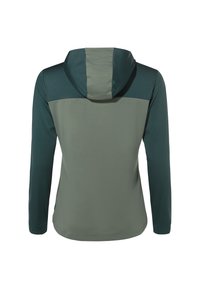 Langarm-Hoodie mit zweifarbiger Gestaltung, mit dunkelgrünen Schultern und einem helleren grünen Körper, aus glattem, elastischem Material gefertigt.