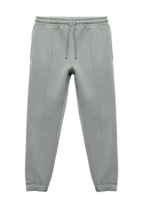 Light grey jogger pants made of soft fabric, featuring an elastic waistband with drawstring, cuffed ankles, and seam detailing on front.
