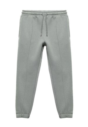 Hellgraue Jogginghosen aus weichem Stoff, mit elastischem Taillenbund und Kordelzug, mit Bündchen an den Knöcheln und Nahtdetails auf der Vorderseite.