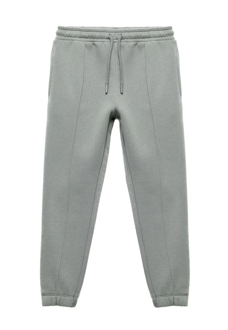 Light grey jogger pants made of soft fabric, featuring an elastic waistband with drawstring, cuffed ankles, and seam detailing on front.