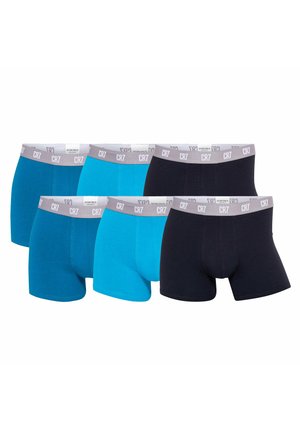 Six men's boxer briefs in shades of blue and black with gray waistbands labeled "CR7" arranged in two rows on a white background.
