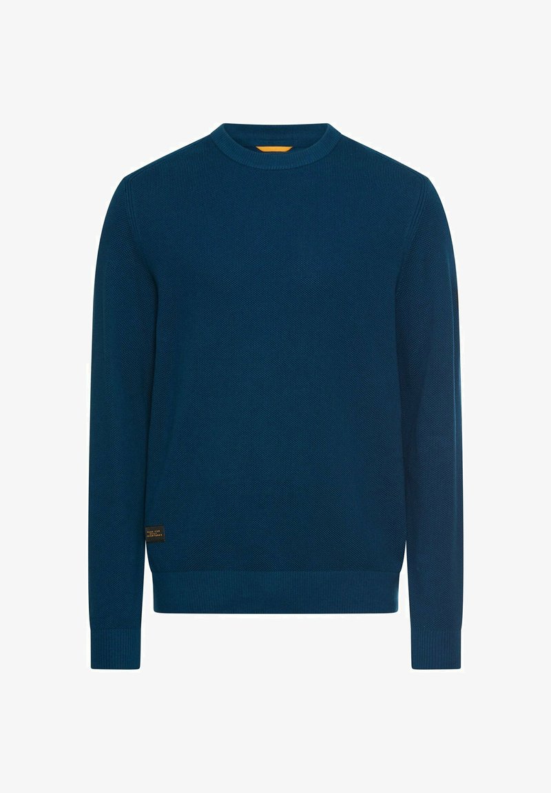 Granatowy sweter dziany z okrągłym dekoltem, teksturowaną tkaniną, długimi rękawami i ściągaczami na mankietach; posiada małą metkę marki u dołu.