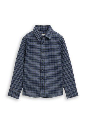 Camicia a maniche lunghe a scacchi blu e nera realizzata in tessuto a trama, con colletto e chiusura frontale a bottoni.