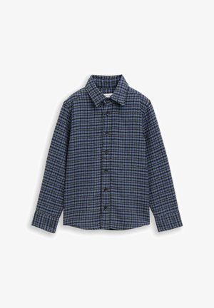 Cămașă cu mânecă lungă, în carouri albastre și negre, confecționată din țesătură, având guler și închidere cu nasturi.