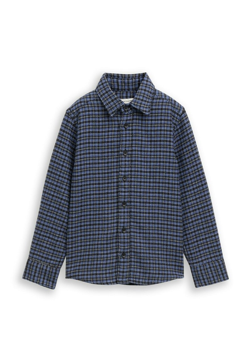 Camicia a maniche lunghe a scacchi blu e nera realizzata in tessuto a trama, con colletto e chiusura frontale a bottoni.