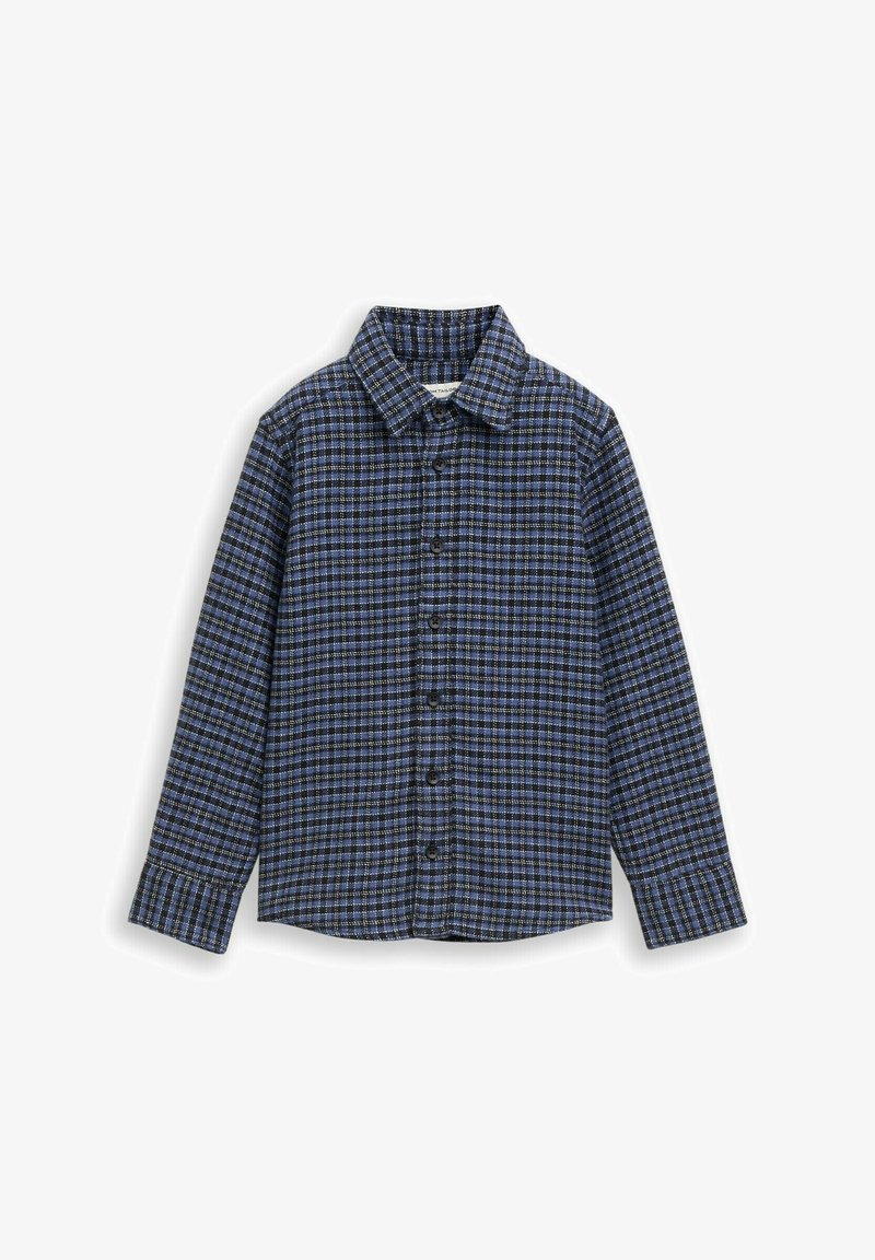 Modra in črna karirana srajca z dolgimi rokavi, izdelana iz tkanine, z ovratnikom in zapiranjem na gumb.