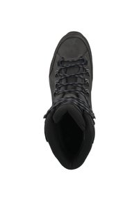 Botas de caminhada pretas com um design de tornozelo alto, apresentando couro texturizado, um colarinho acolchoado e atacadores pretos e azuis. O interior é macio e forrado.