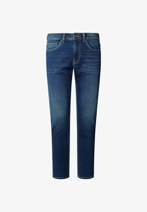 Jeans de mezclilla en azul oscuro con un ligero desgaste. Diseño clásico de cinco bolsillos, corte recto y costuras visibles. Incluye un cierre de botón.