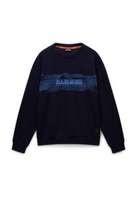 Marineblauwe sweatshirt met een ronde hals, voorzien van een blauwe grafische streep over de borst met het "NAPAPIJRI" logo in contrasterende kleuren.
